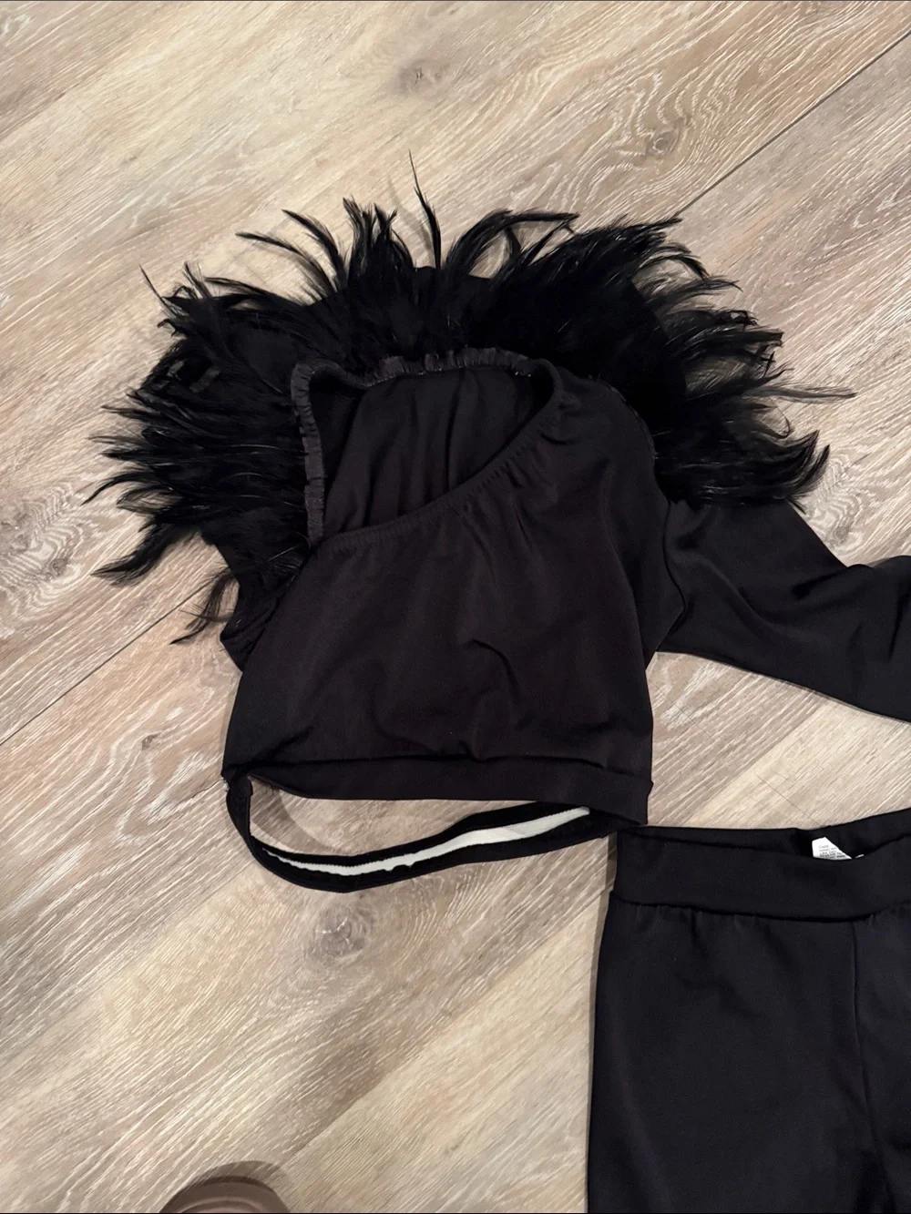 Kelle dancewear- Black Feather-Trim Dance Outfit – Two-Piece Performance Set